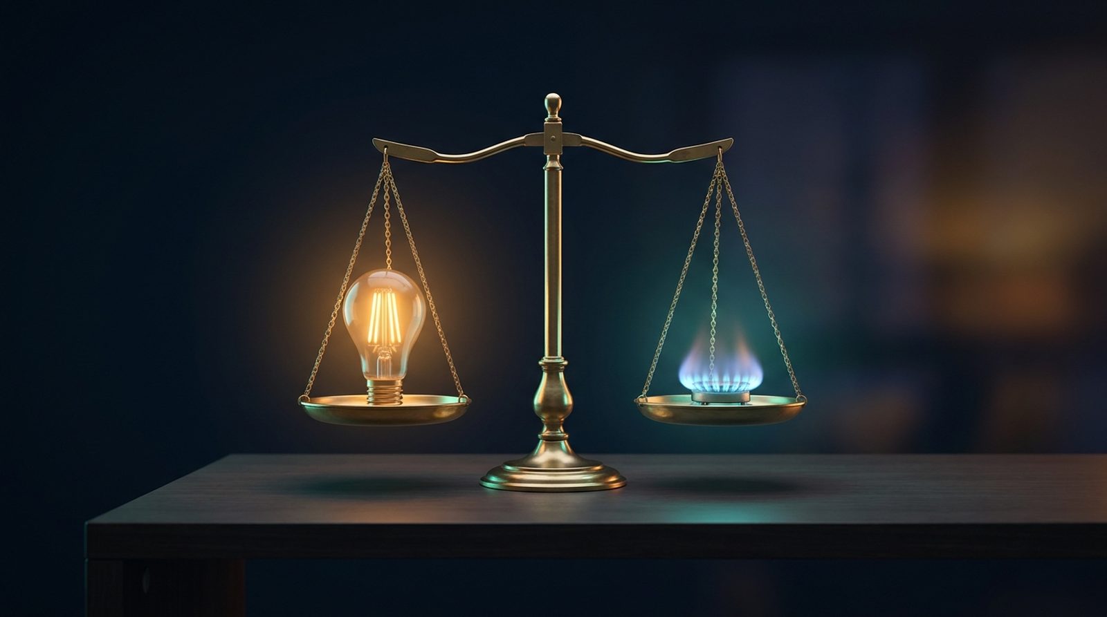 Bilancia in equilibrio tra una lampadina (luce) e una fiamma del gas, concetto di scelta tariffa